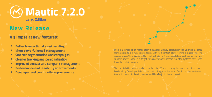 Image showing Mautic 7.2.0 lynx edition with the constellation and explanation of its meaning on the right, and some key features listed on the left.