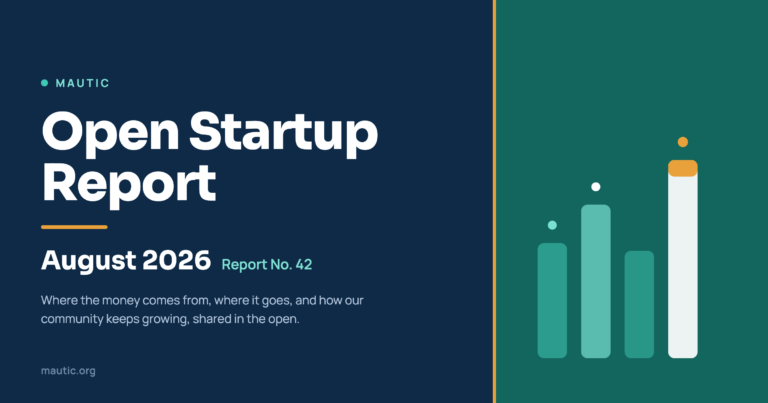 Mautic Open Startup Report header for August 2026, Report No. 42, with the strapline 'Where the money comes from, where it goes, and how our community keeps growing, shared in the open,' set on a dark navy background beside a teal panel showing a stylised ascending bar chart.