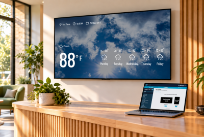 HubSpot to Mautic migration case study for SignPresenter, showing digital signage on a television beside a laptop