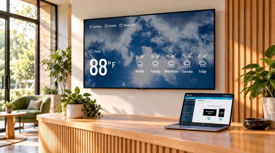 HubSpot to Mautic migration case study for SignPresenter, showing digital signage on a television beside a laptop