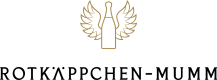 Logo of Rotkappchen Mumm with a gold outline of a bottle of champagne with wings and the company name in black.