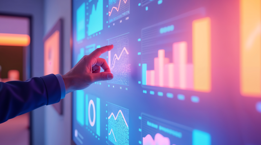 An image of a person pointing towards an analytic dashboard with graphs and bar charts
